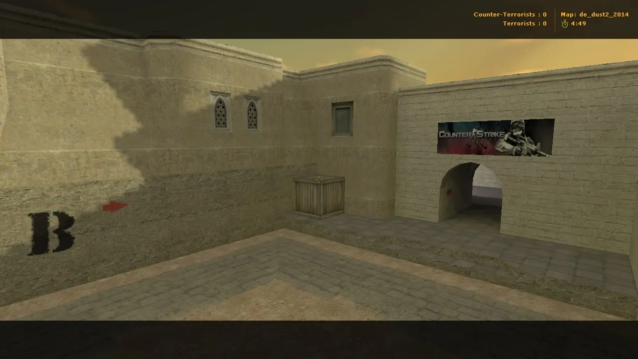 Скачать de_dust2_2014 для CS 1.6: тактика A/B, точки, .nav для ботов, оптимизация wpoly/epoly и баланс сторон - Скриншот