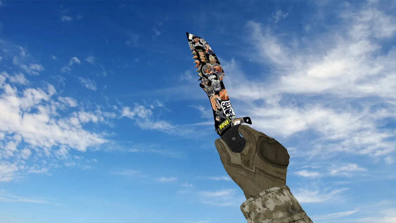 Скачать Модель v_ и p_ ножа Huntsman Knife Sticker Bomb для CS 1.6: звуки, анимация осмотра, качество текстур - Скриншот