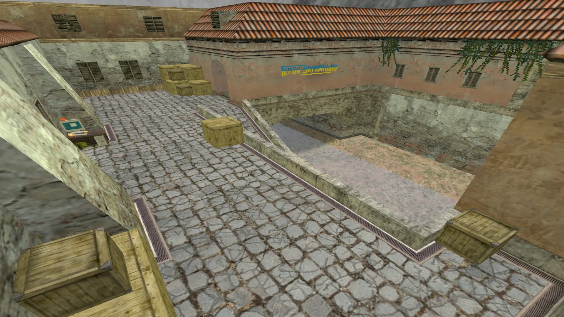 Скачать de_aztec_hruk — карта DE для CS 1.6: камера у ворот ТТ, сундуки на респе, БТР на воде - Скриншот