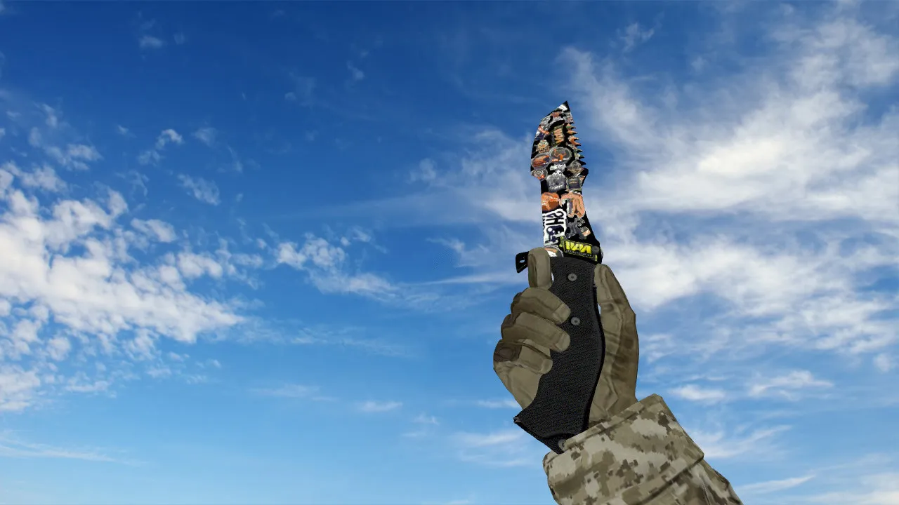 Скачать Модель v_ и p_ ножа Huntsman Knife Sticker Bomb для CS 1.6: звуки, анимация осмотра, качество текстур - Скриншот