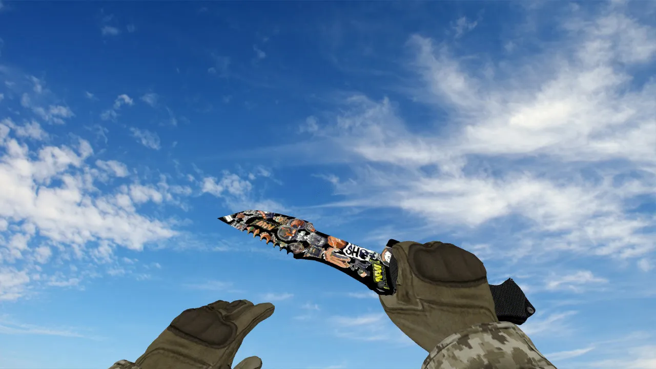 Скачать Модель v_ и p_ ножа Huntsman Knife Sticker Bomb для CS 1.6: звуки, анимация осмотра, качество текстур - Скриншот