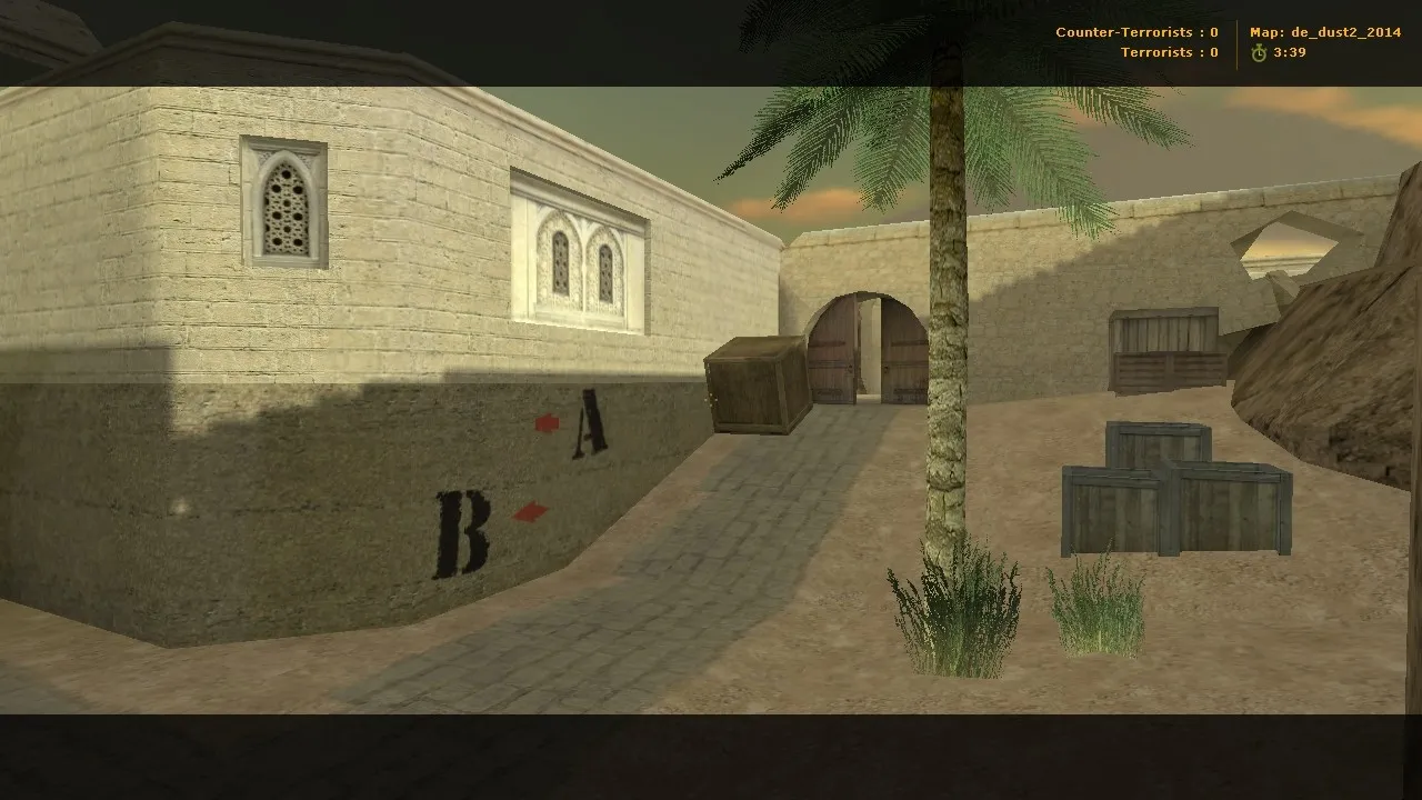 Скачать de_dust2_2014 для CS 1.6: тактика A/B, точки, .nav для ботов, оптимизация wpoly/epoly и баланс сторон - Скриншот